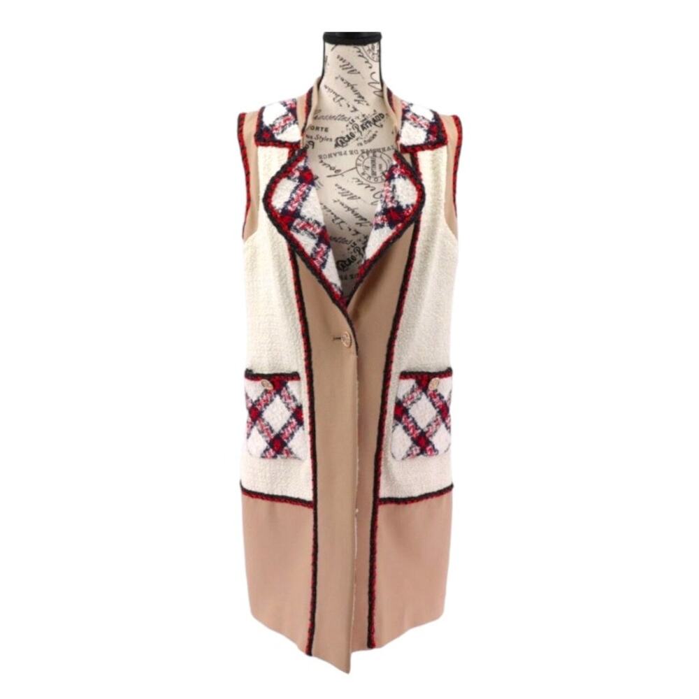 EDWARD ACHOUR PARIS Long Coat Women 6/FR‎ 38 Tan Check Tweed Sleeveless